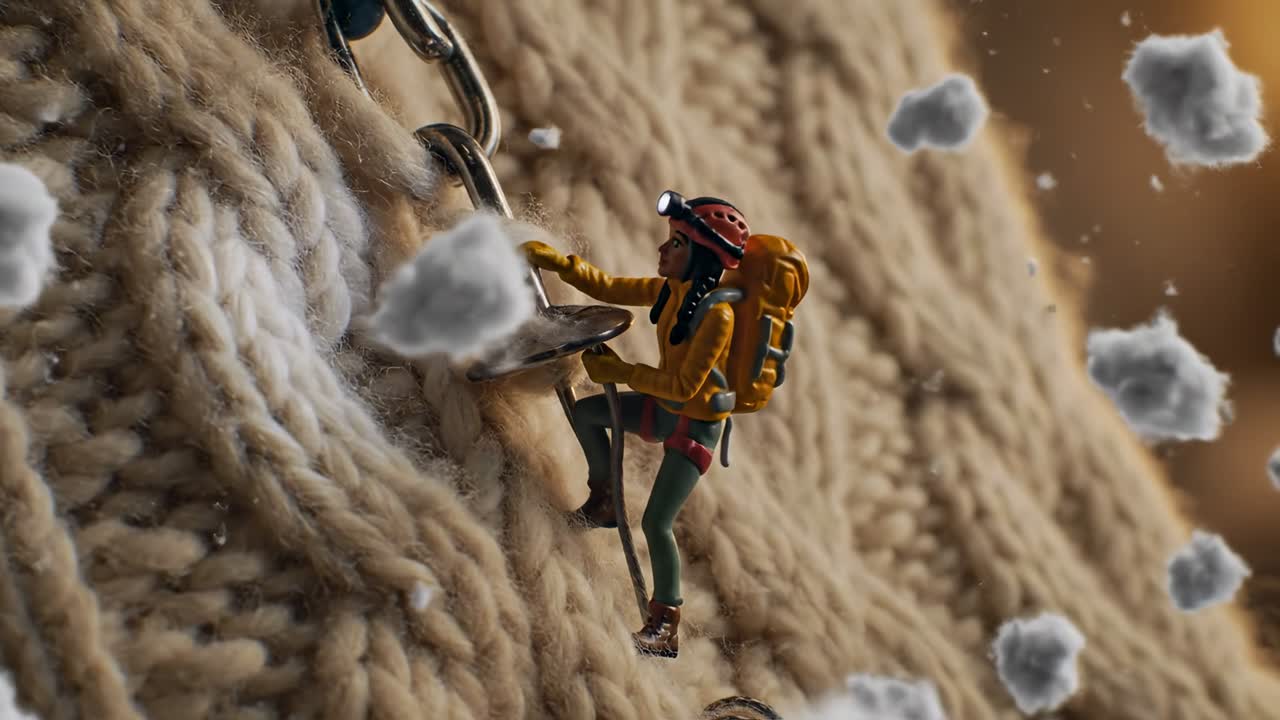 Miniature Climber Ascending a Knitted Fabric Mountain