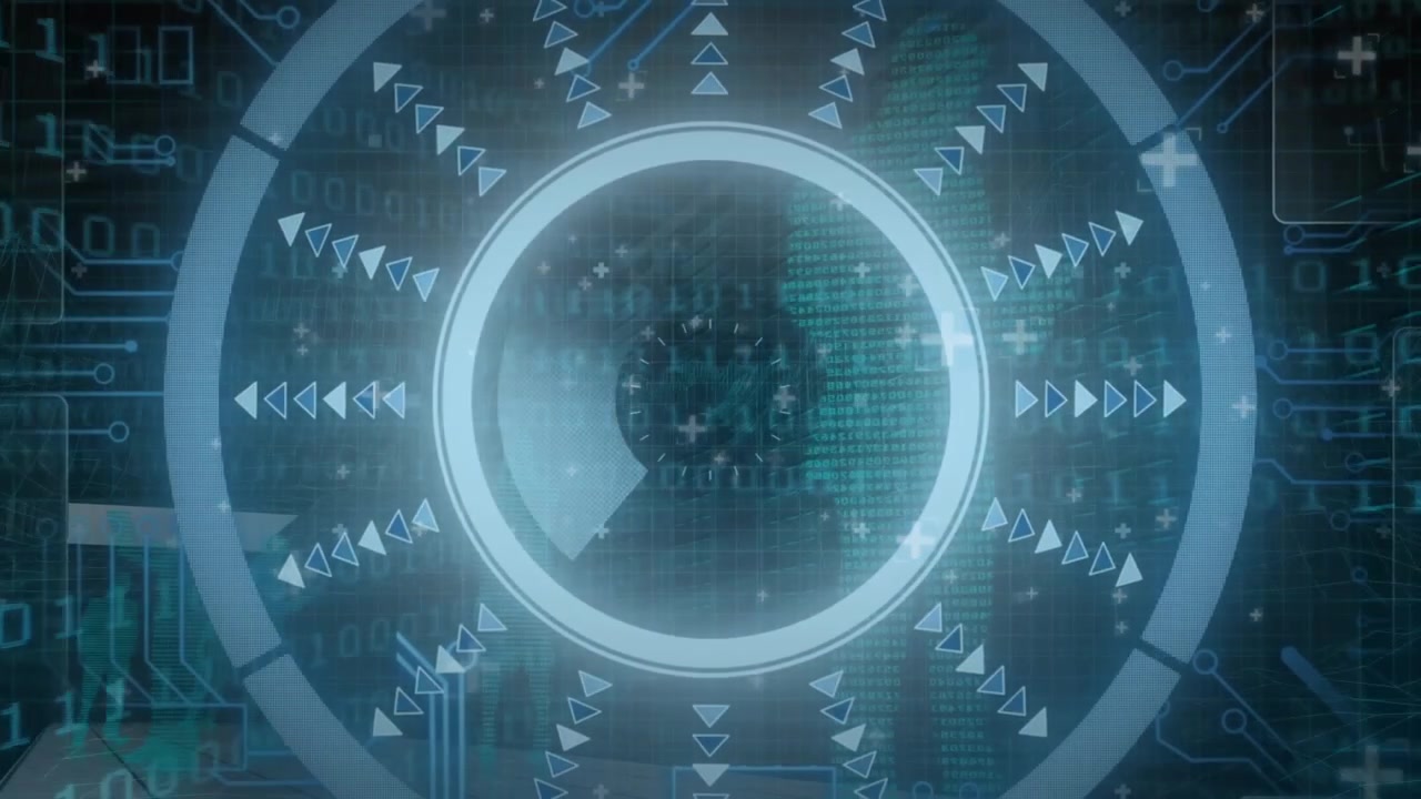 Animation of round scanner and microprocessor connections against binary coding on blue background