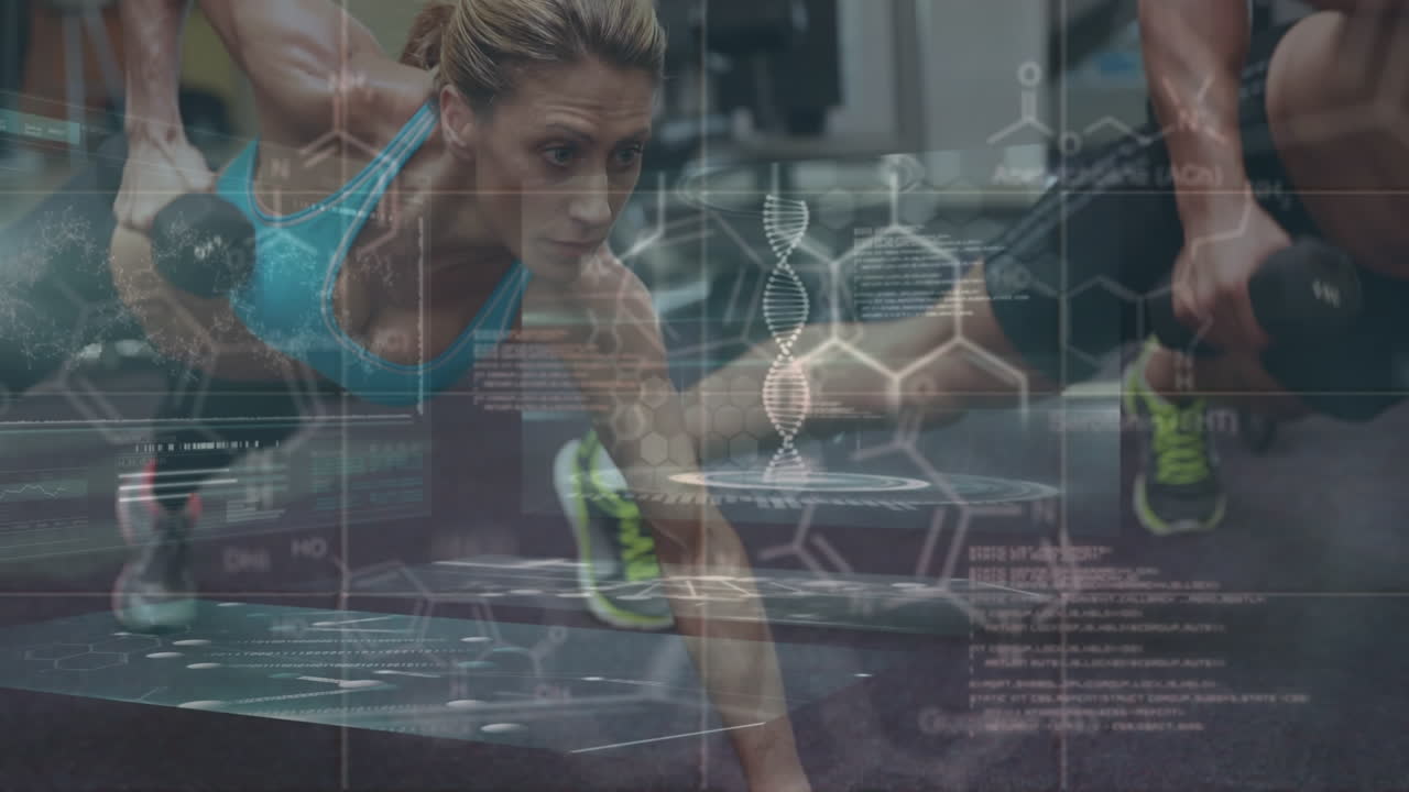 체육관에서 백인 커플에 대한 데이터 처리 애니메이션