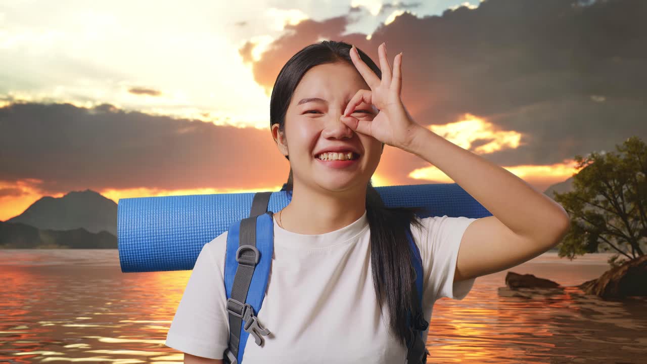 Close Up Of Asian Female Hiker With Mountaineering Backpack Smiling And Showing Ok Sign With Fingers Over Eyes At A Lake