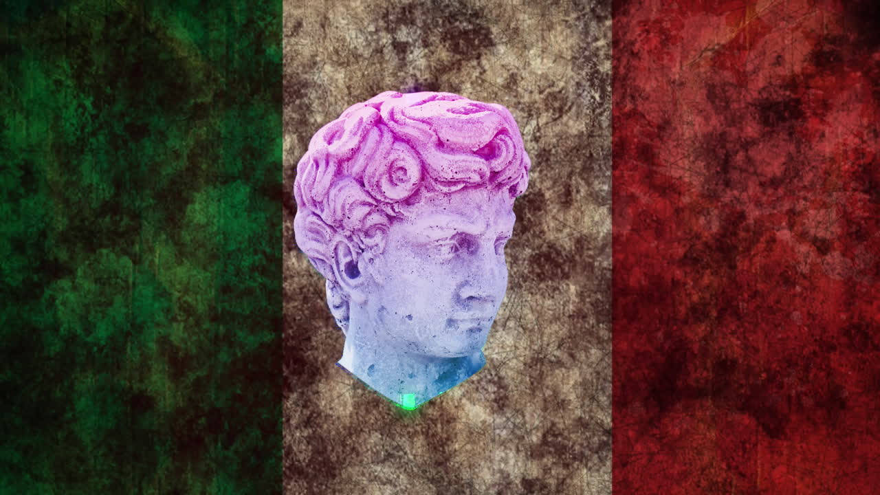 이탈리아 국기 배경 위에 고대 머리 조각의 애니메이션