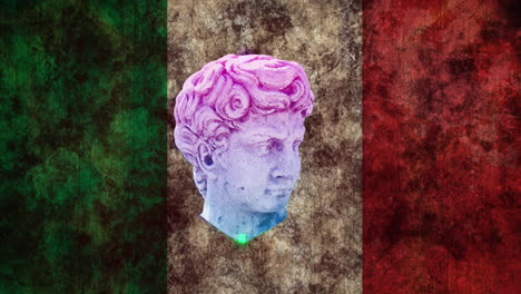 animation of antique head sculpture over flag of italy background