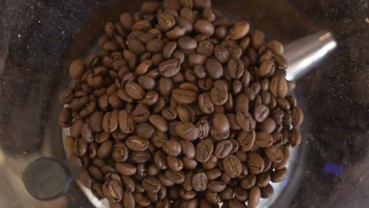 granos de café tostados y aromáticos dentro de la tolva de la máquina de café