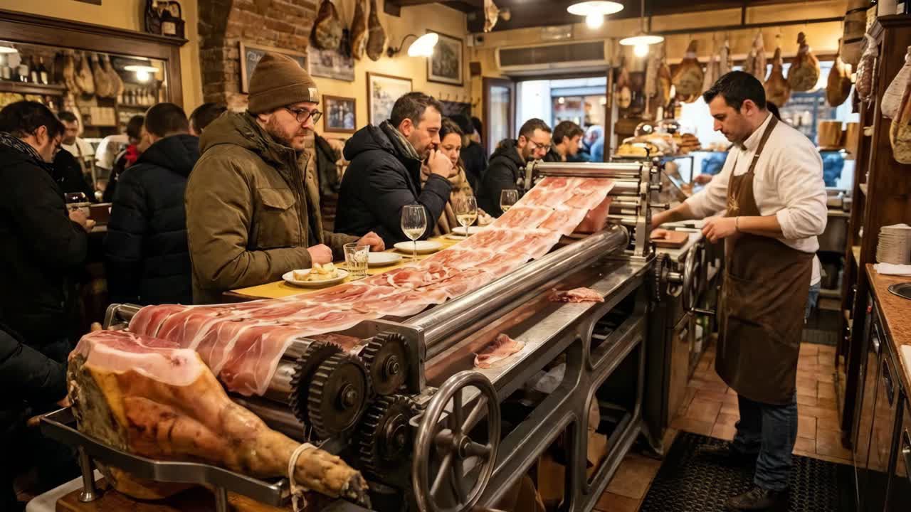 Prosciutto Slicing in a Busy Italian Restaurant