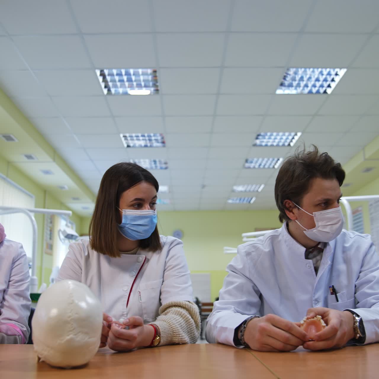 Specialisti di medicina moderna che studiano. Giovani studenti di medicina seduti alla scrivania ed esaminano modelli di denti