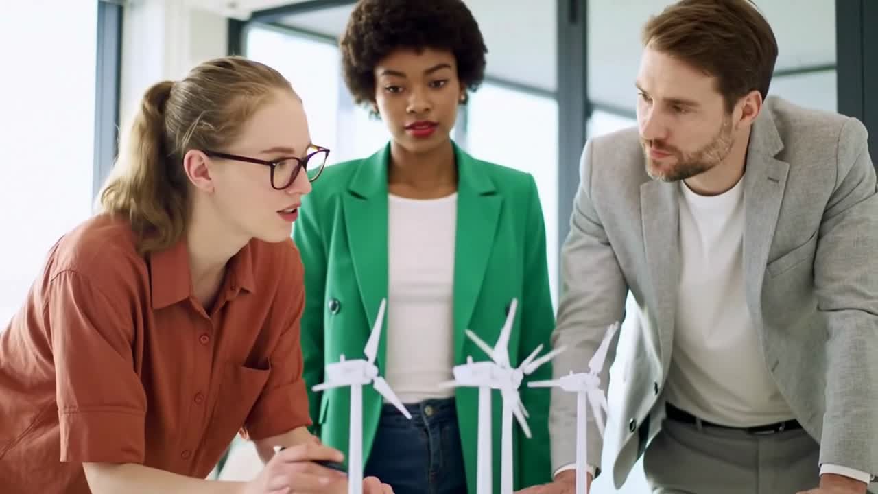 Diverse Team of Engineers Brainstorming a Wind Energy Project with Models