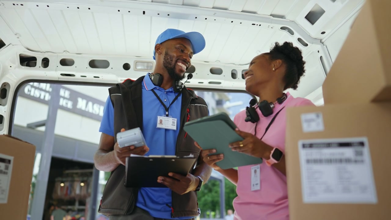 Delivery Workers Checking Packages and Documents in a Van