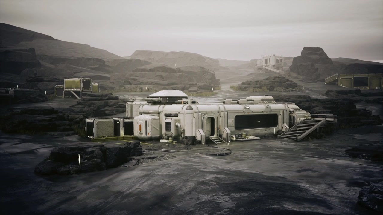 Factory complex in canyon with robotic machinery and safety lights