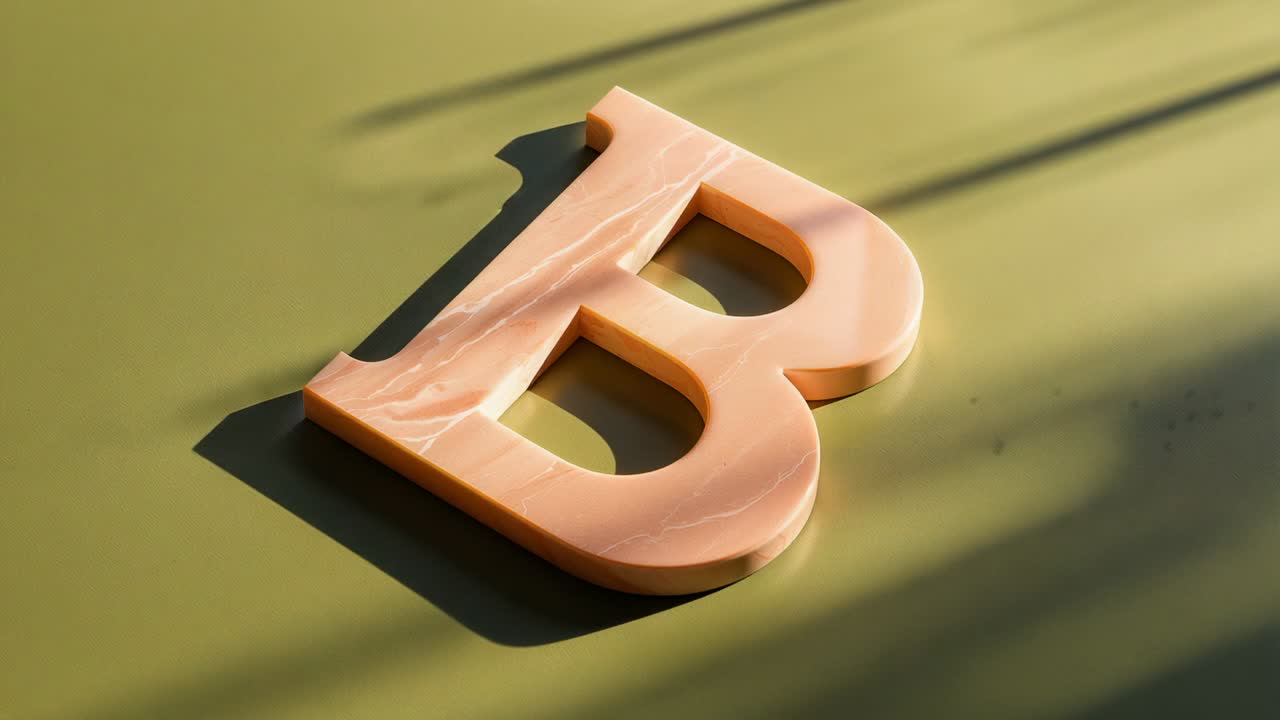 Displaying pink marble uppercase B under blinds filtering sunlight, shifting shadows on green table