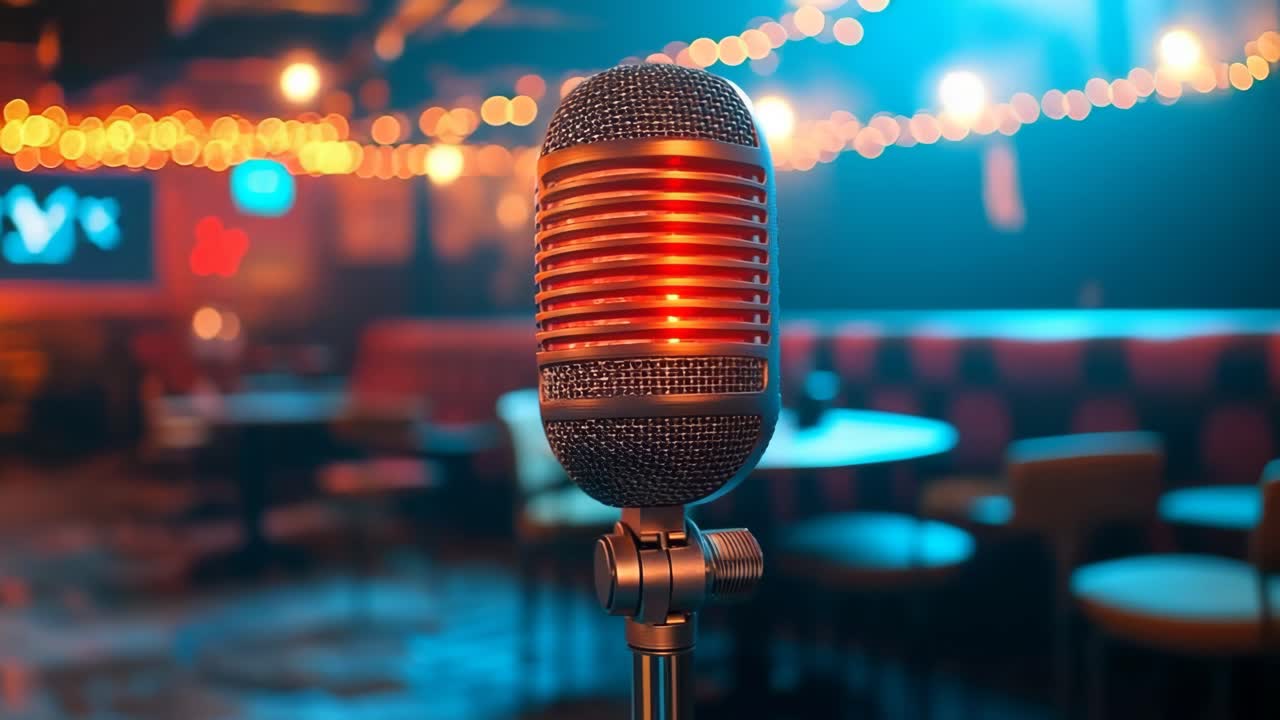 Classic microphone in a lively venue. A vintage-style microphone stands ready on stage in a vibrant bar filled with warm lights and lively atmosphere.