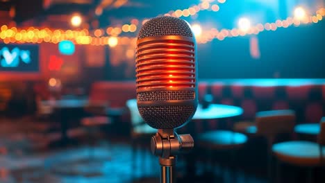 classic microphone in a lively venue. a vintage-style microphone stands ready on stage in a vibrant bar filled with warm lights and lively atmosphere.