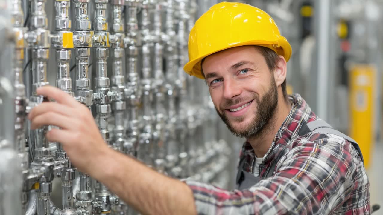 Técnico especializado trabalhando em um sistema de tubulação complexo, demonstrando expertise e profissionalismo em um ambiente industrial com um sorriso amigável