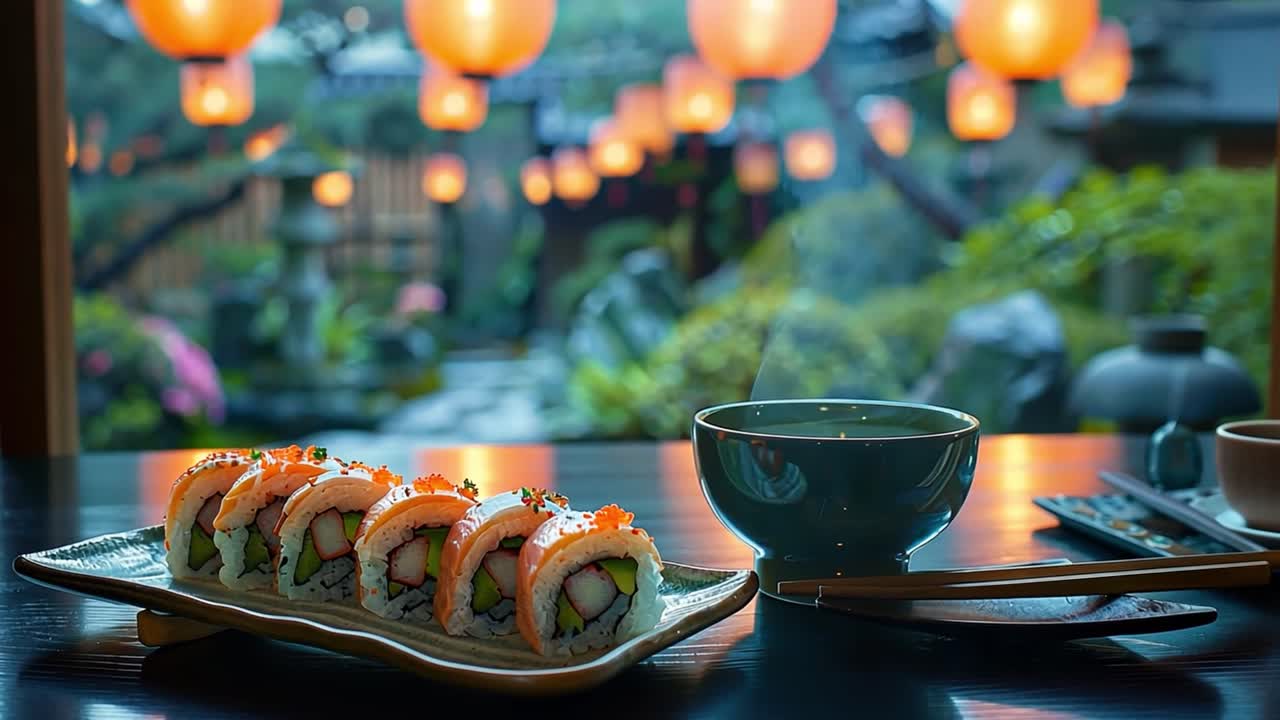 Sushi and Green Tea in a Japanese Garden Setting with Lanterns