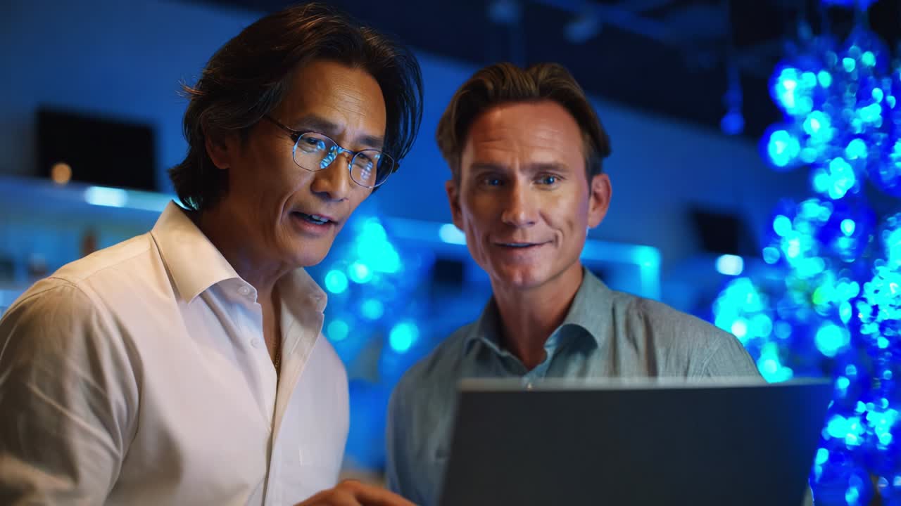 Two Men Engaged in Enthusiastic Conversation While Reviewing Content on a Laptop in a Beautifully Lit Environment with Vibrant Blue Christmas Decorations in the Background, Illustrating a Moment of Shared Excitement and Connection
