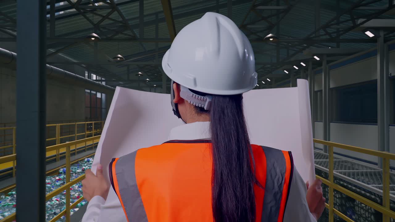 Vista posteriore di un'ingegnera asiatica che guarda una planimetria nelle sue mani mentre cammina e ispeziona le operazioni di un impianto di riciclaggio della plastica con nastro trasportatore di bottiglie.