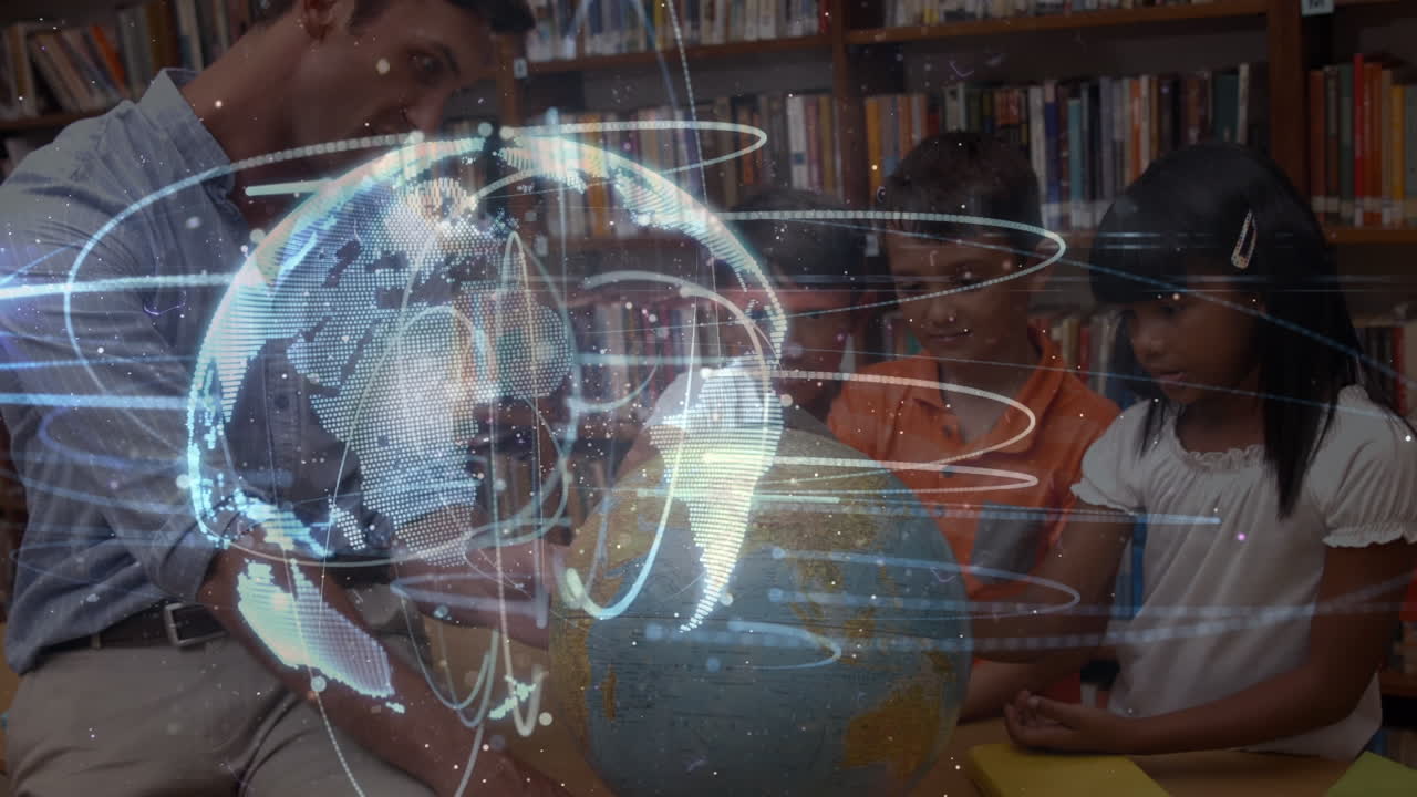 animación del globo digital sobre diversos maestros varones y escolares que leen el globo