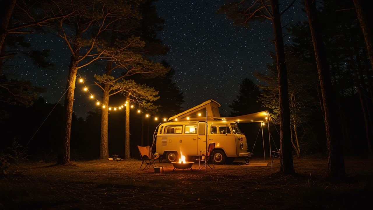 Nighttime Camping Adventure: A Cozy Yellow Van Illuminated by String Lights Beneath a Starry Sky Surrounded by Majestic Trees and a Warm Campfire
