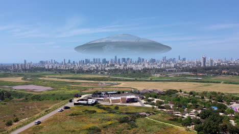 aerial view of a ufo hovering over a city park with a modern cityscape in the background