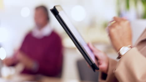 Hands,-tablet-and-search-in-office-with-woman