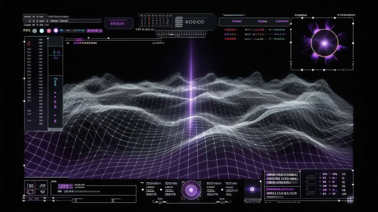 Futuristic Digital Interface with Data Grid and Purple Light Beam