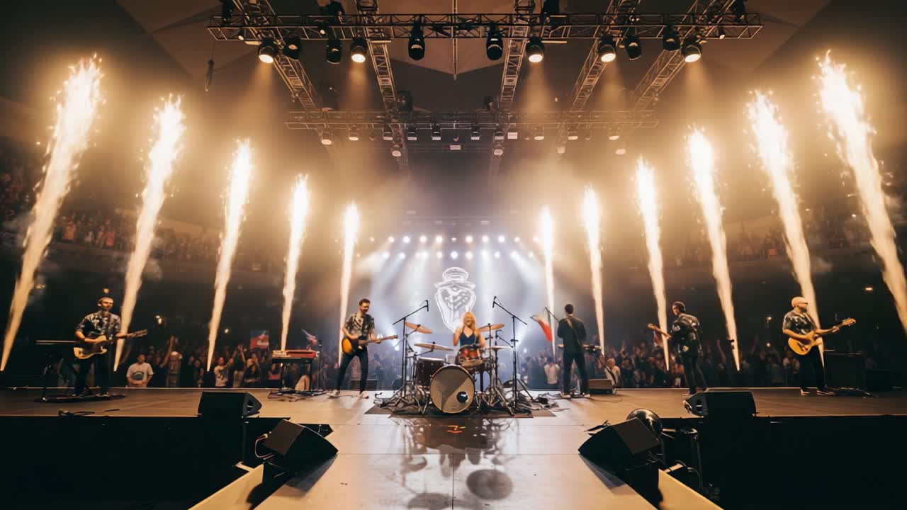 Captivating Live Concert Experience with Fireworks: A Band Defines the Stage, Energizing the Crowd and Creating Unforgettable Moments of Musical Unity and Celebration