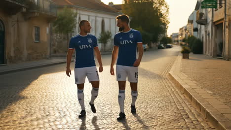 two men in soccer jerseys walking on a cobblestone street
