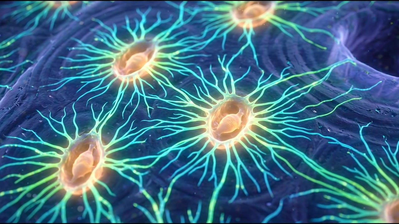 Ologramma microscopico di giunzione neurale con sinapsi scintillante