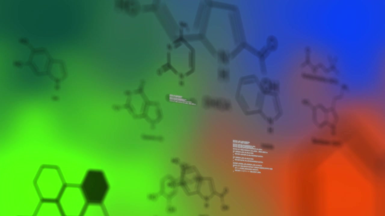 Animation of chemical formulas over multicolour background