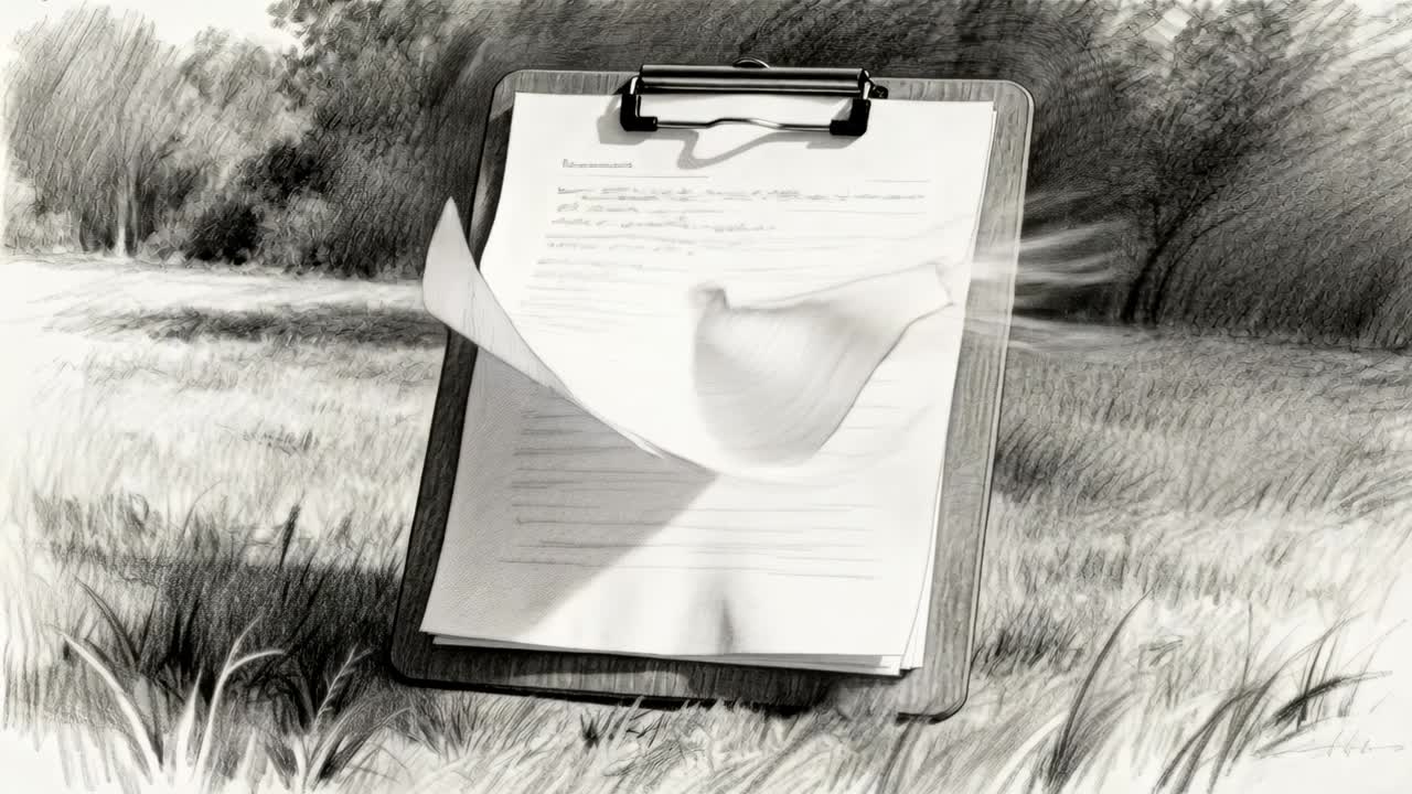 Gusting wind lifting wooden clipboard with metal clip, papers flipping and curling in sunlit grass