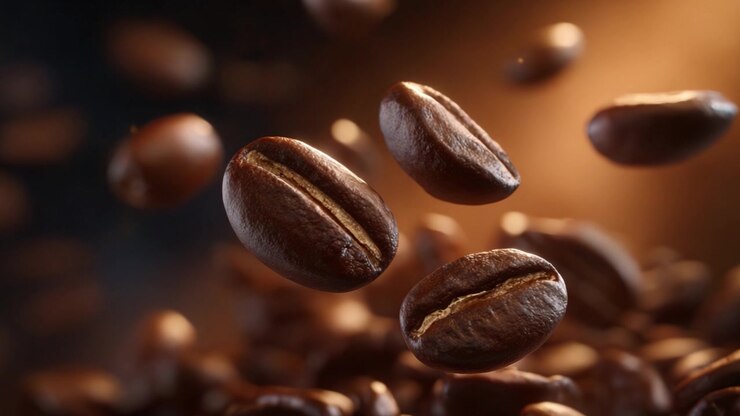 Dynamic Scene of Floating Coffee Beans Highlighting Their Rich Texture and Deep Color in a Captivating Background, Ideal for Coffee Lovers and Culinary Enthusiasts