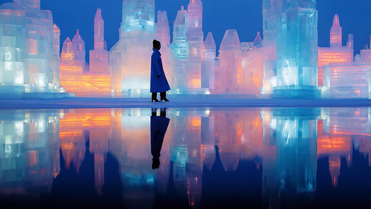 A mesmerizing walk through an enchanting ice city at twilight, where vibrant light illuminates glass-like structures reflecting the wonder of winter, creating a dreamlike landscape for the viewer
