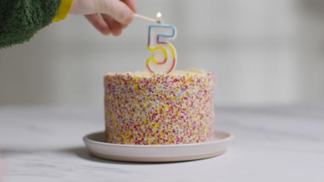 studio shot birthday cake covered with decorations and candle celebrating fifth birthday being lit