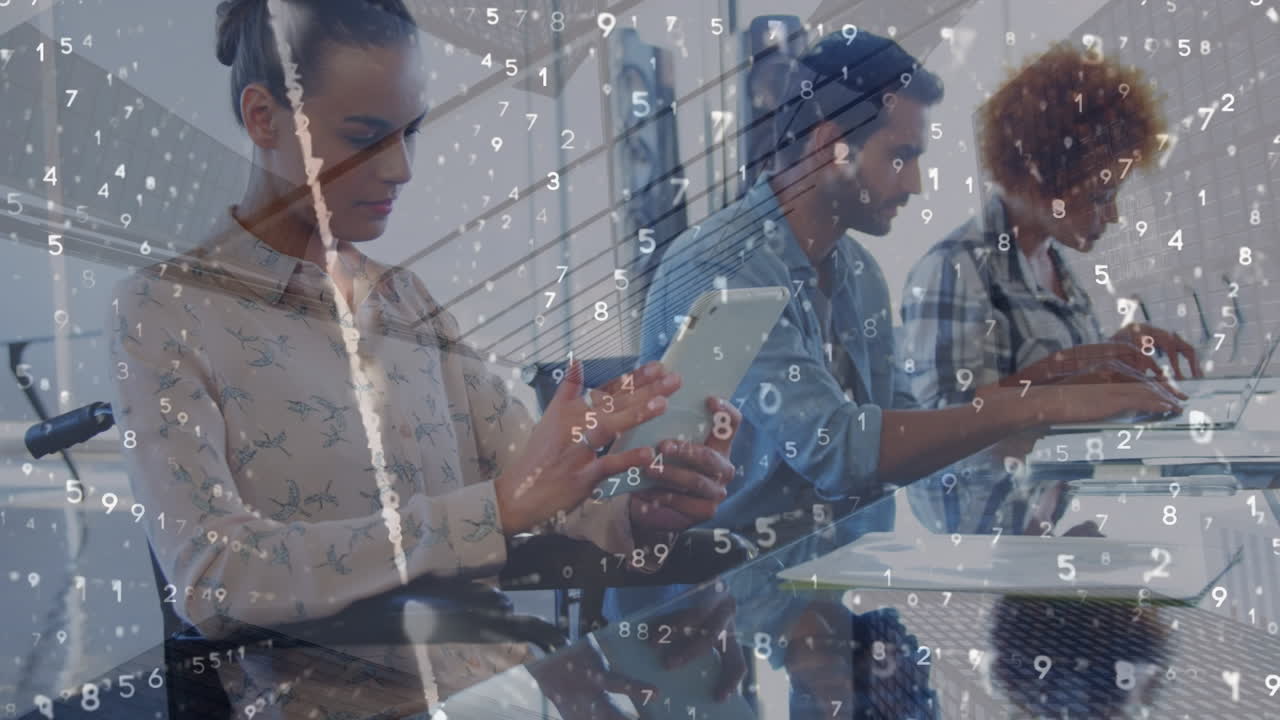 Animation of data processing over diverse business people using laptops and tablet