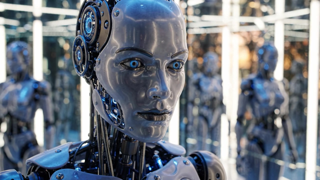 Arka planda diğer robotik figürlerin yansımaları ve çarpıcı ışık efektleriyle yüksek teknolojili bir ortamda fütüristik bir androidin yakın plan perspektifleri.