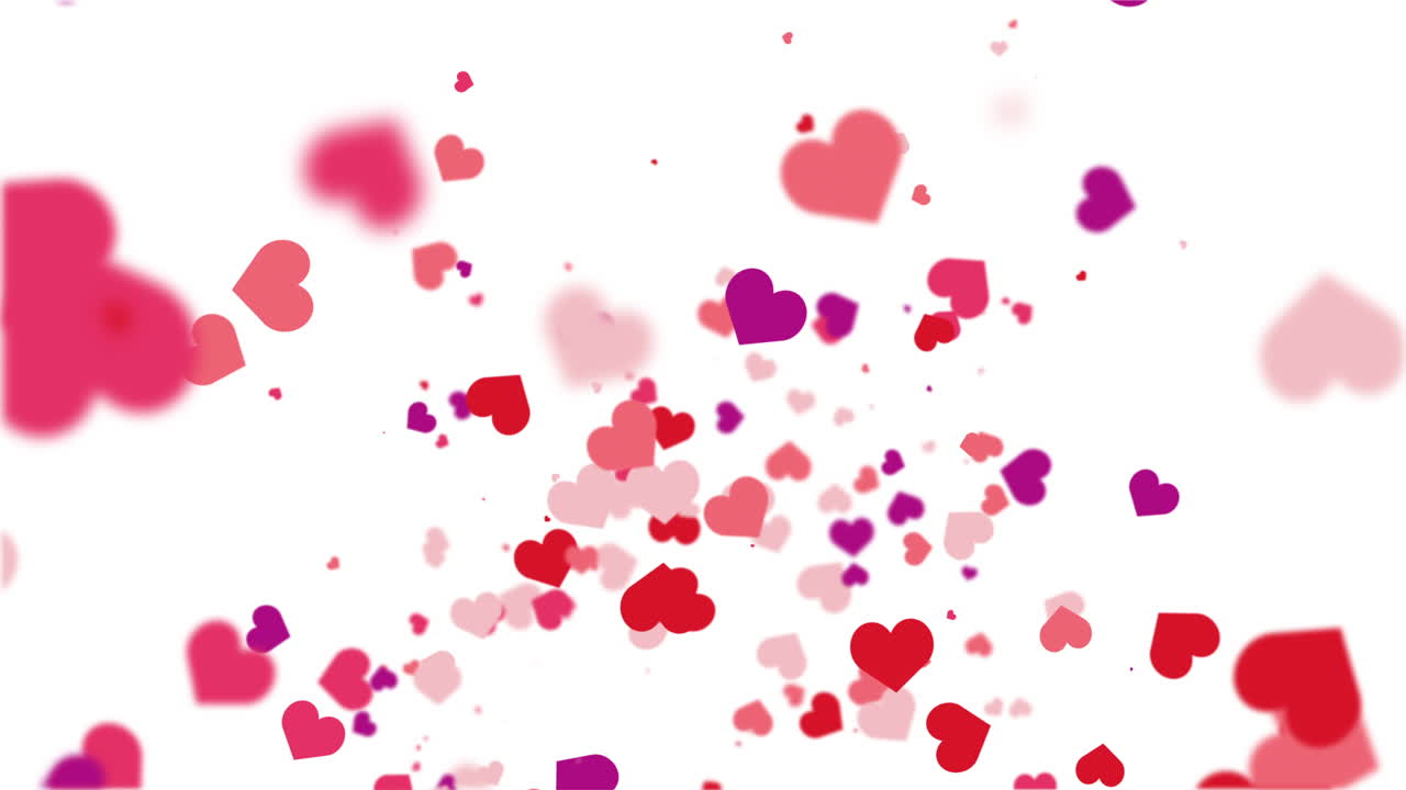 Freely falling down colored figures of hearts. Animated abstract white background. Looped video. Concept for valentine's day, wedding.