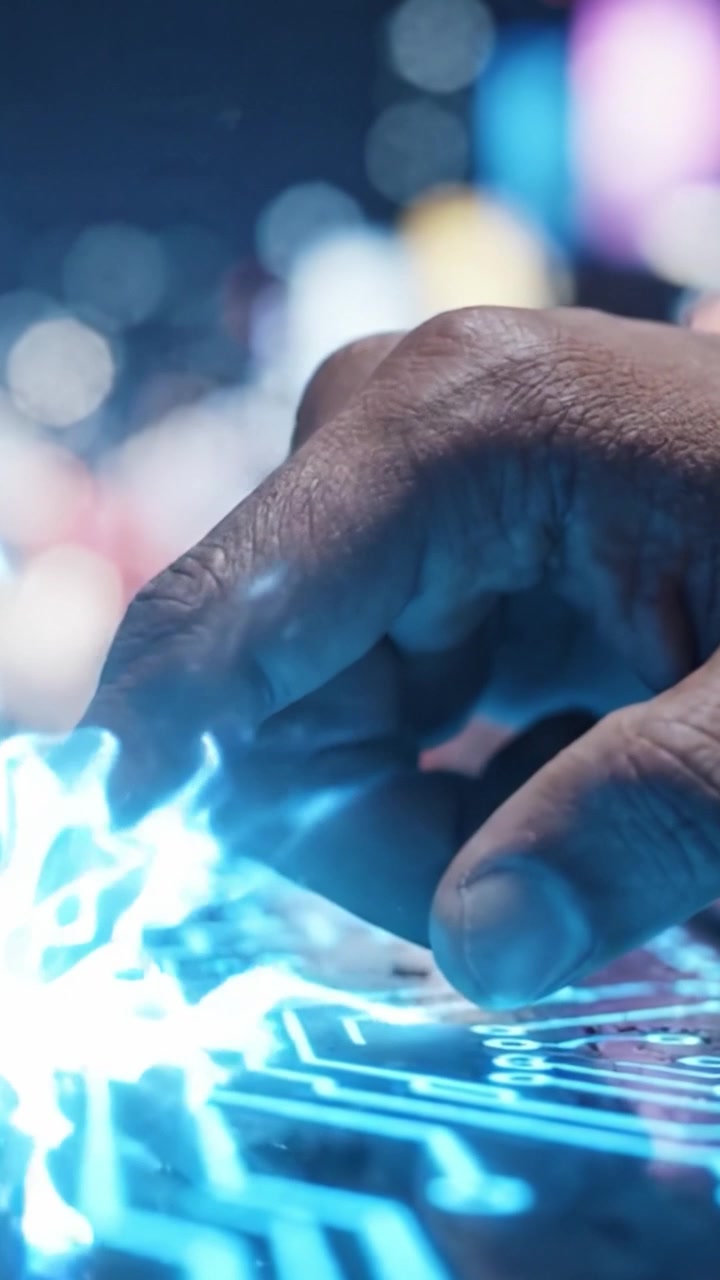 Un'enigmatica fusione di tecnologia ed energia: Una mano interagisce con un vibrante circuito stampato, illuminando il buio ambiente urbano con scintille elettriche
