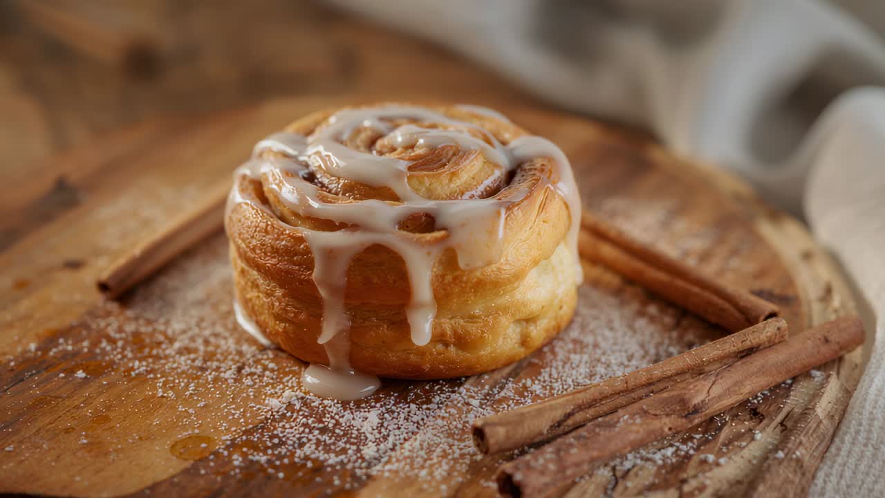 Showing cinnamon roll with gravity pulling white glaze down on wooden board, sugar, cinnamon sticks