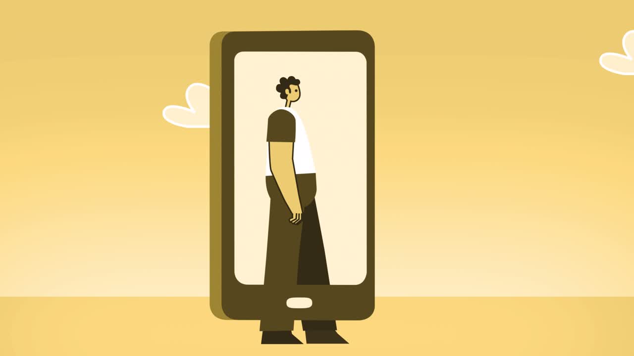 스마트폰으로 는 노란색 남자 플래트 캐릭터, 가상 생활 개념, 알파 채널과 함께 고립된 루프 애니메이션