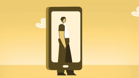 estilo hombre amarillo personaje plano caminando con teléfono inteligente. concepto de vida virtual. animación de bucle aislado con canal alfa