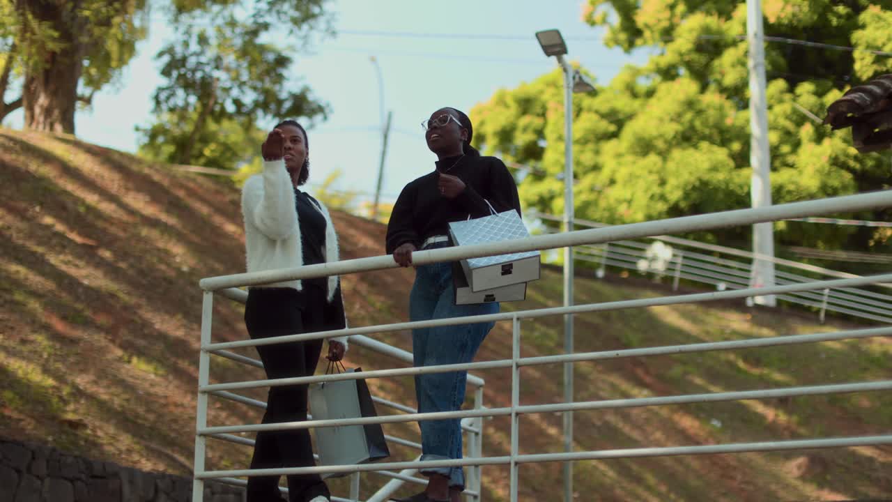 Two friends chatting outdoors on a sunny day with shopping bags