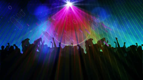 animation of people silhouettes dancing with spotlights and purple light trails
