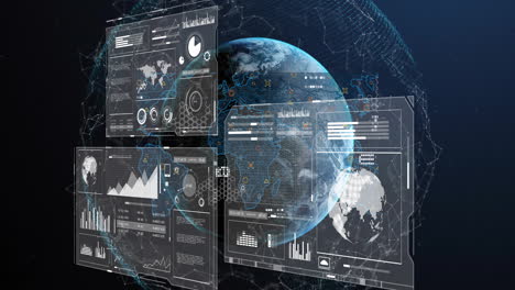 animation of data processing over media icons and globe