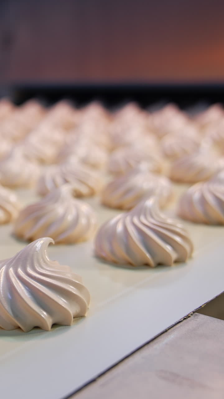 Finished marshmallow zephyr moves along a conveyor line. Ready-made sweets at the confectionery factory production. Close up. Vertical video