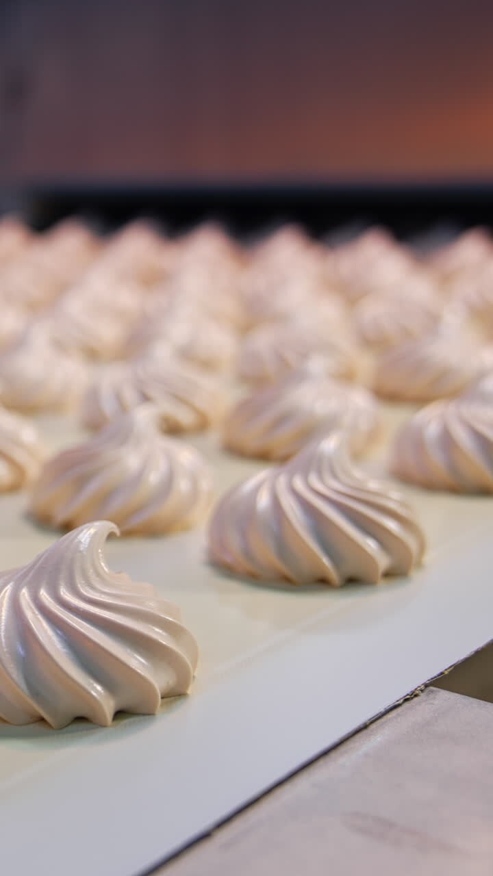 Finished marshmallow zephyr moves along a conveyor line. Ready-made sweets at the confectionery factory production. Close up. Vertical video