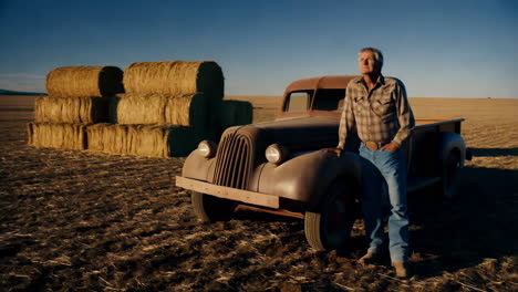 farmer and vintage truck in a field