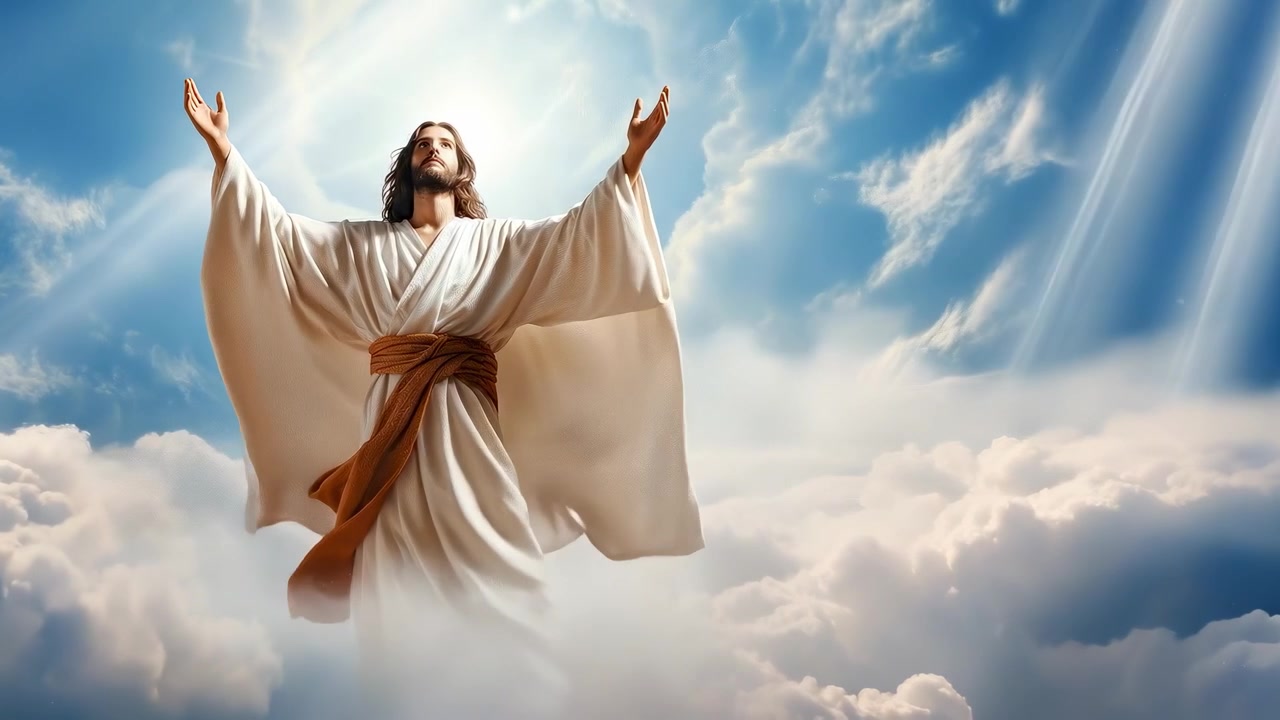 Gesù Cristo Divino in piedi tra le nuvole con luce brillante