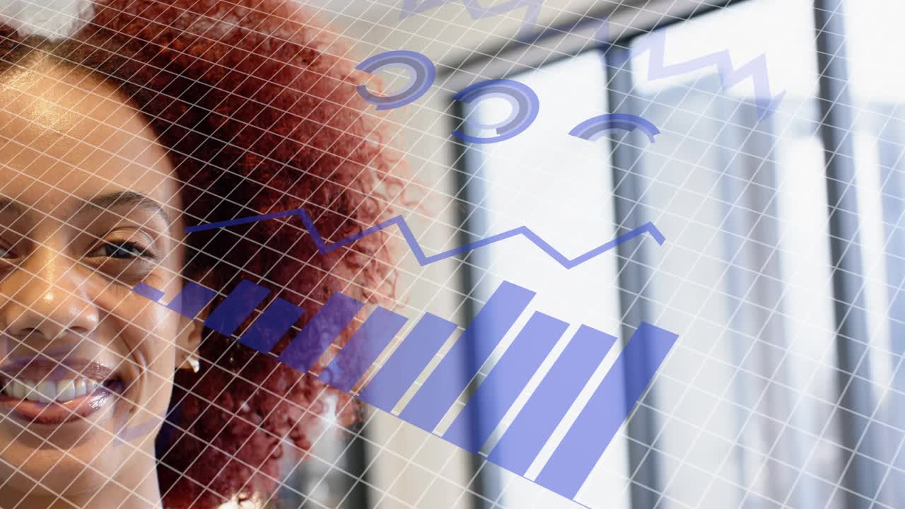 Woman standing left in office, feed starting animating charts beside her over mesh, smiling for biz