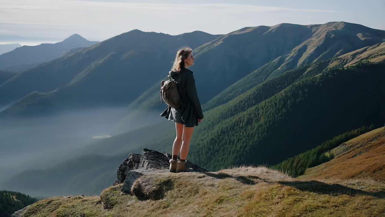 Woman Hiker Enjoys the Panoramic Mountain View from a Peak