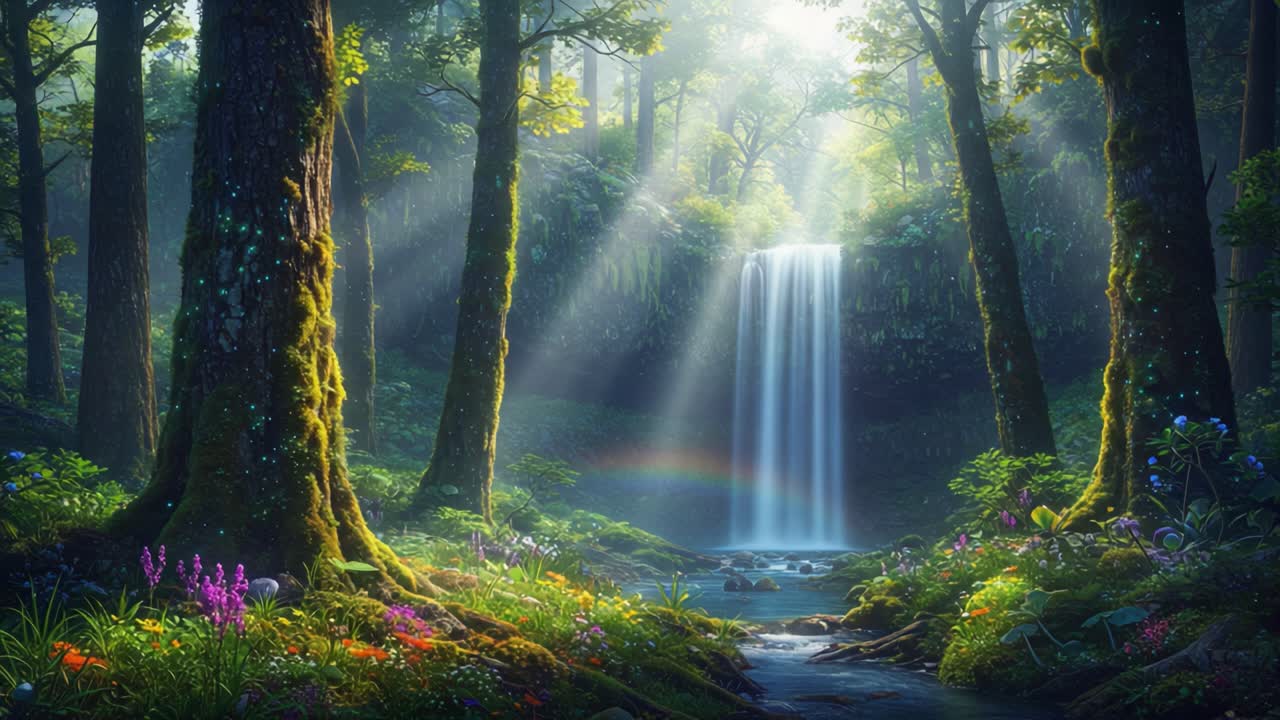 Et fredfyldt vandfald, der strømmer ned gennem en frodig skov, badet i blødt lys, omgivet af levende flora og den blide lyd af naturens harmoni.