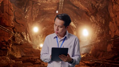 asian male professional worker standing with his tablet in underground mine tunnel, he is nodding his head with dissapionted